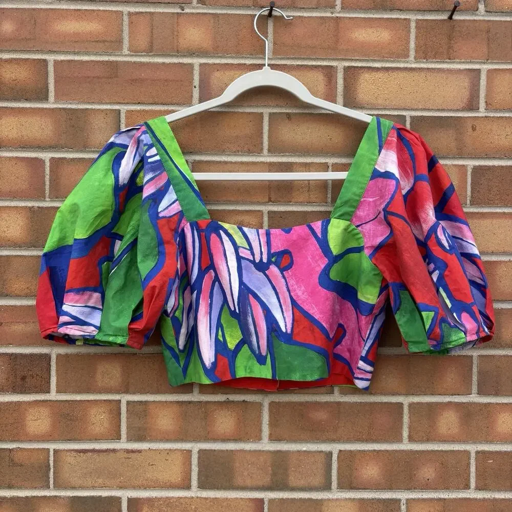 Farm Rio Tropical Bunch Puff Sleeve Top Womens XS Multicolored Buttons